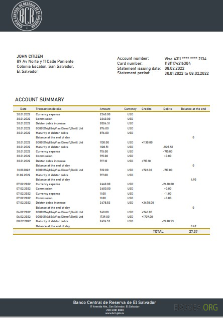 Modèle Excel et PDF de relevé bancaire de Salvador Banco Central de Reserva du Salvador
